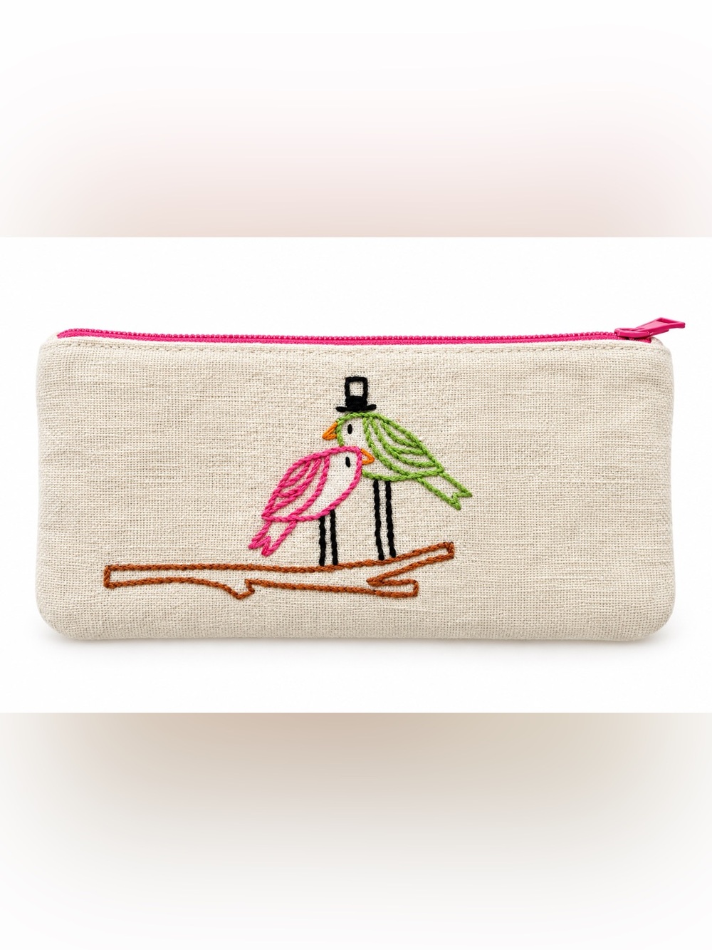 Handmade Embroidered Bird Linen Makeup Cosmetic Pouch
